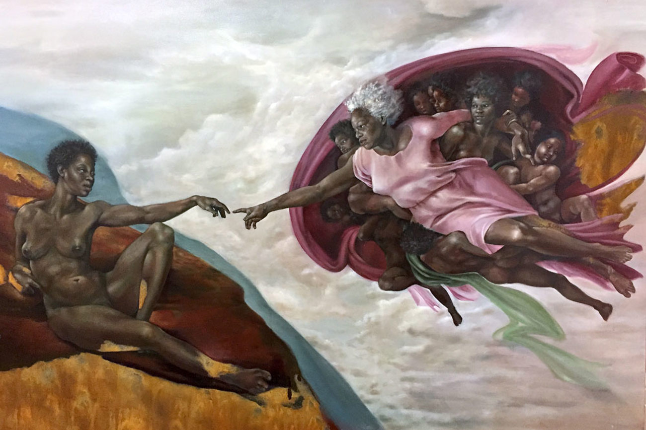 Die Bibel spricht nicht nur in männlichen Bildern von Gott. Sie beschreibt Gott auch als Hebamme, als Mutter und als personifizierte Weisheit Sophia. | Bild: Creation of God von Harmonia Rosales/Wikimedia/Tmanner38/CCbySA 4.0