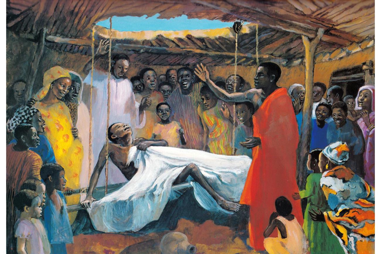 Bild: Bénédite de la Roncière, Kamerun: Jésus guérit un Paralysé (1973) – Aus: Jesus-Mafa (1973): Evangile en pays Mafa, Versailles Nr 16. Copyright: Vie de Jésus Mafa