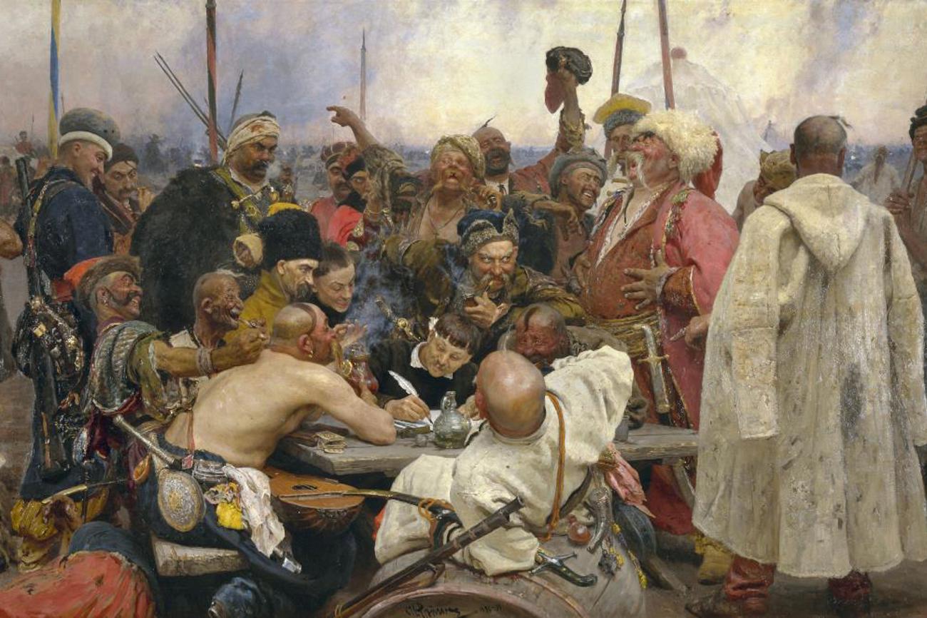 Ilja Repin: Die Saporoger Kosaken schreiben dem türkischen Sultan einen Brief, 1891, Russisches Museum Petersburg