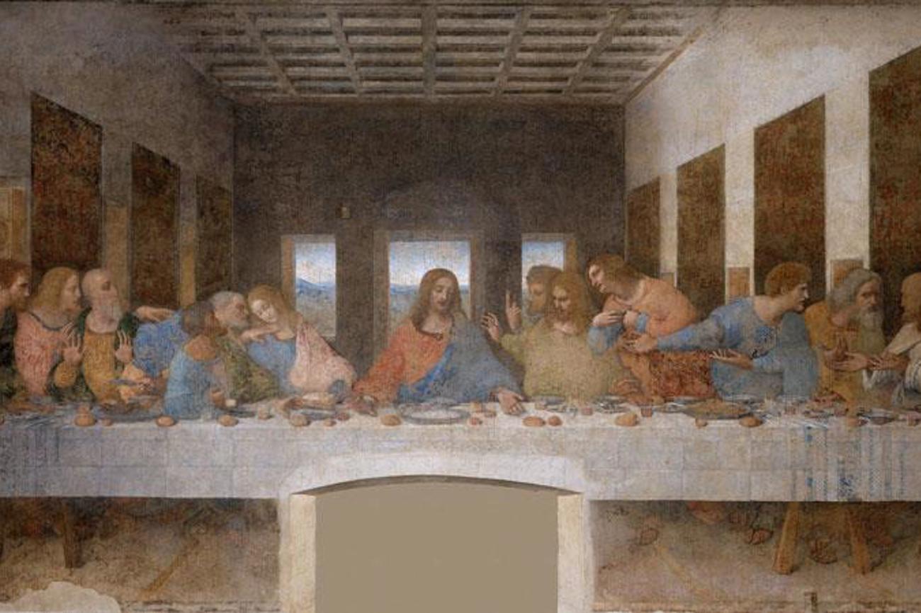 Die Geschichte eines Verrats: Leonardos Judas sitzt mitten unter den Jüngern (5.v.l.). Das letzte Abendmahl von Leonardo Da Vinci, Fresko im Dominikanerkloster Santa Maria delle Grazie in Mailand.|wikipedia