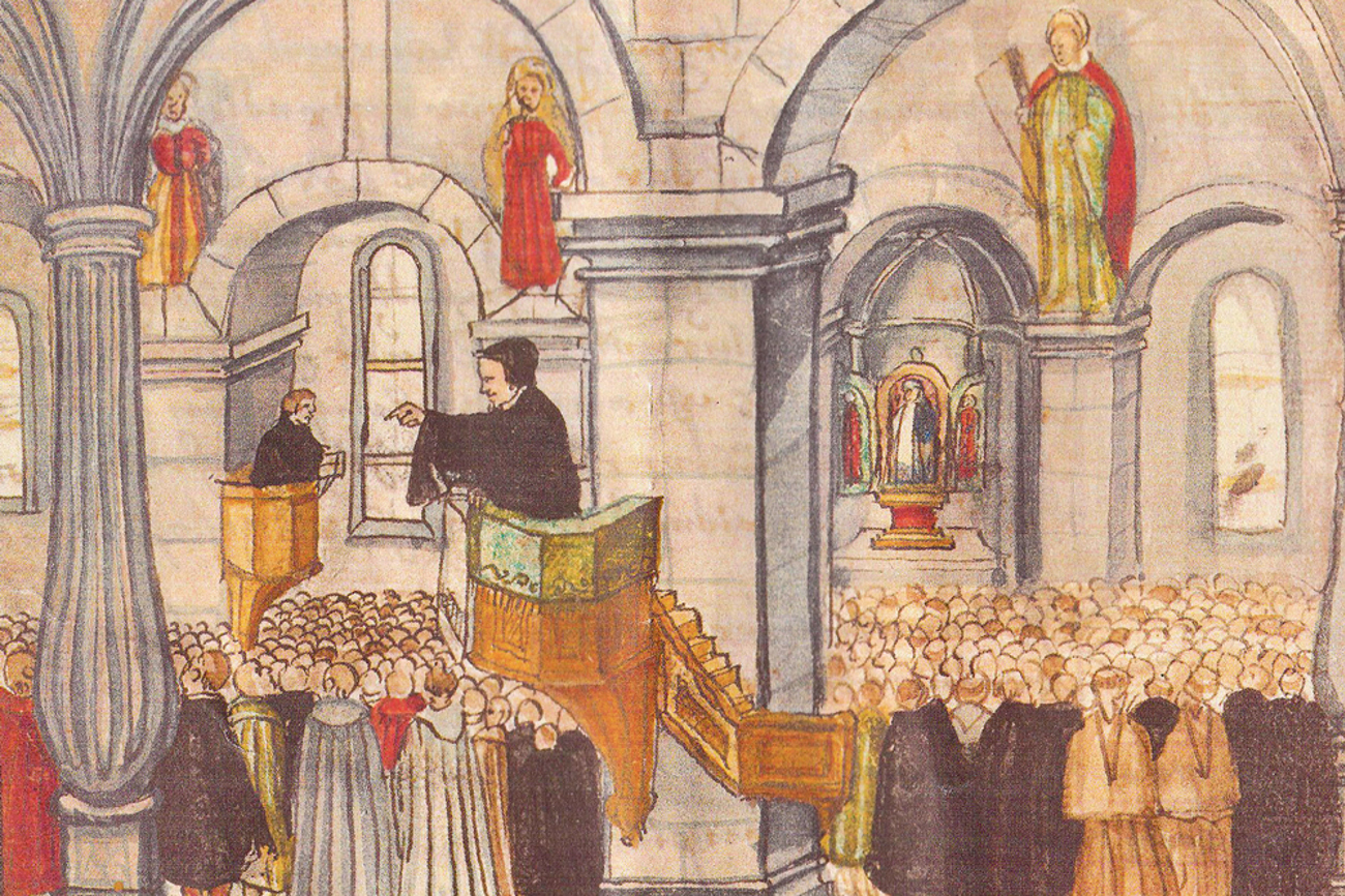 Streit um den Glauben: Doktor Eck und der Basler Reformator Johannes Oekolompad im Wortgefecht an der Badener Disputation vor 500 Jahren. | Bild: Wikimedia, Gemeinfrei